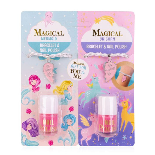 Care set with 2 pink nail polishes & 2 best friends bracelets, Unicorn & Mermaid - Accentra