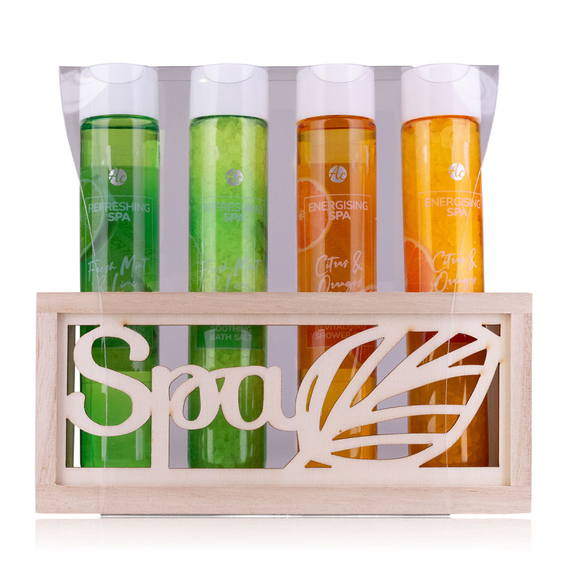 Bath set in wooden box with 2 shower gels 60ml & 2 bath salts 80g, Spa Collection - Accentra