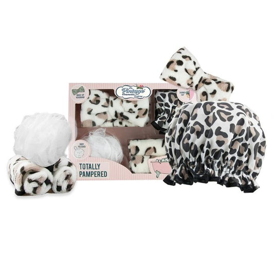 Leopard Spa Gift Set with headband, Shower Cap, sponge and makeup remover wipes - By Upper Canada