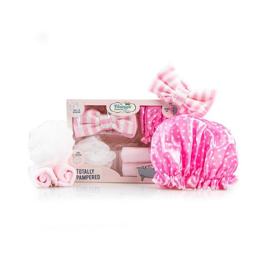 Pink Spa Gift Set with headband, Shower Cap, sponge and makeup remover wipes - By Upper Canada
