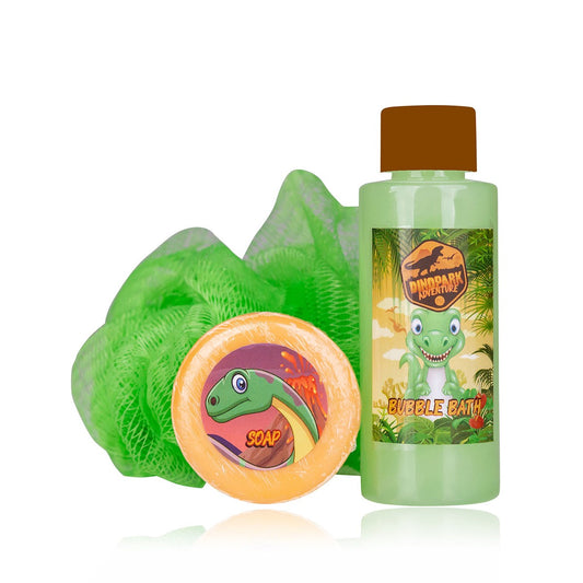 Bath set in a metal box with 60ml shower gel, 20g soap &amp; sponge, Dinopark - Accentra