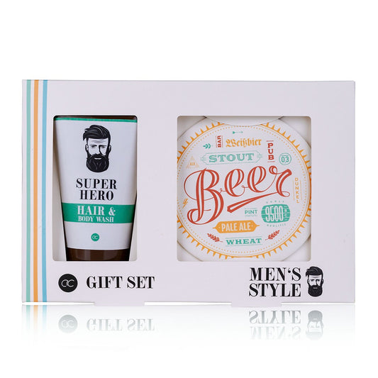 Men's care set with hair &amp; body wash 100ml &amp; 2 colored coasters, Men's Style - Accentra