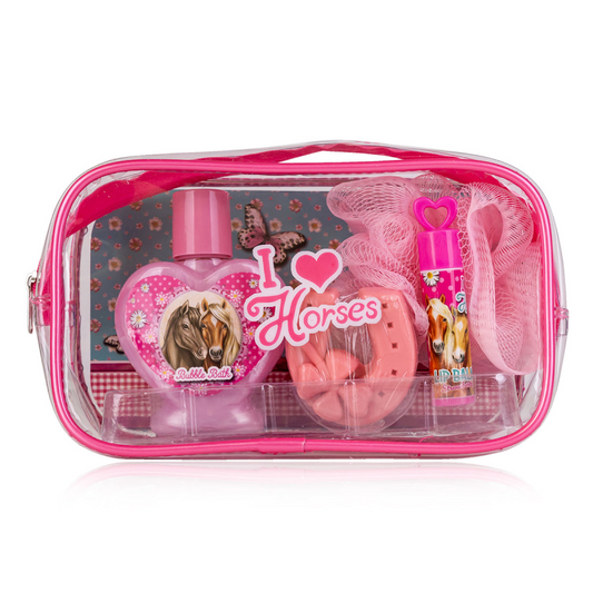 Bath set in a toiletry bag with 80ml bubble bath, soap &amp; Lip balm, I love horses - Accentra