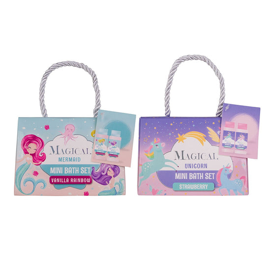 Bath set in gift bag with 30ml shower gel, 30ml bubble bath &amp; Unicorn &amp; Mermaid sponge - Accentra