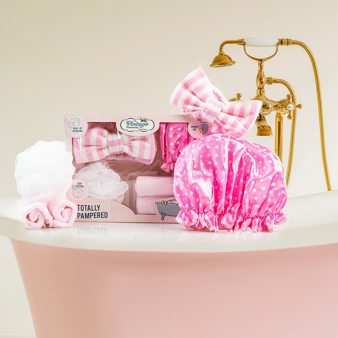 Ροζ Spa Gift Set με headband, Shower Cap, σφουγγάρι και πανάκια ντεμακιγιάζ - By Upper Canada